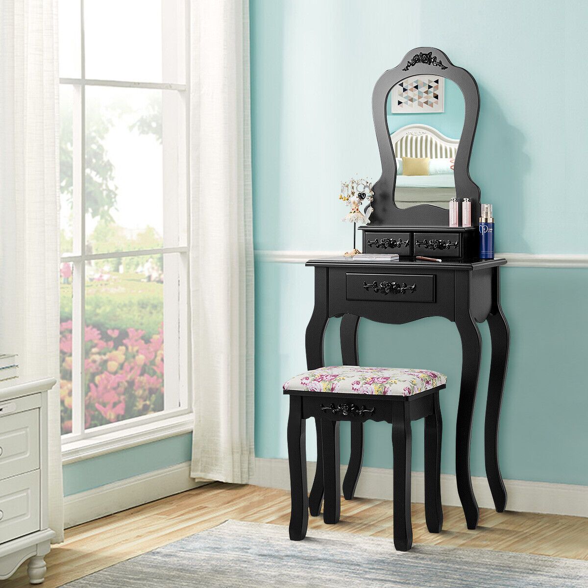 Retro Vanity Table Set with Detachable Mirror and Cushioned Stool